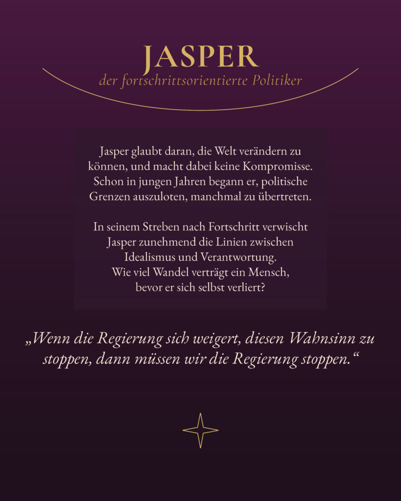 Diese Charakterkarte gibt eine kurze Übersicht über den Charakter Jasper aus dem Roman Realitätssprünge.