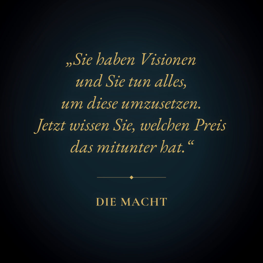 Das Bild enthält ein Zitat aus dem Buch Realitätssprünge auf bläulich-violettem Hintergrund und trägt den Titel: Die Macht.