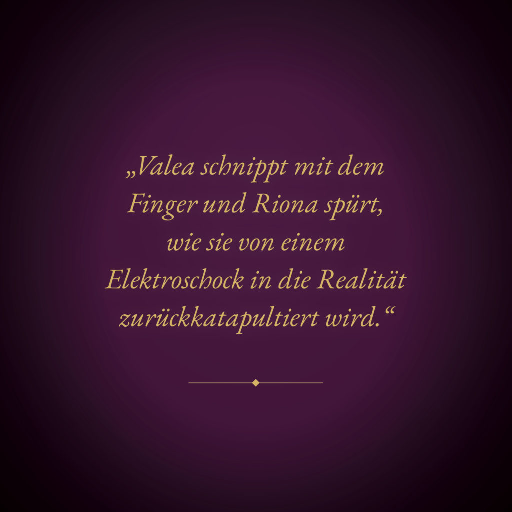 Das Bild enthält ein Zitat aus dem Buch Realitätssprünge auf rötlich-violettem Hintergrund und trägt keine offiziellen Titel (inoffizieller Titel: Riona und Valea).