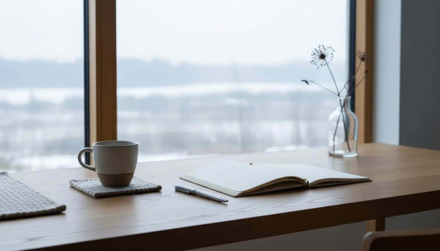 Ein Minimalistischer Arbeitsplatz mit Kaffeetasse, Notizblock und Stift. Der Schreibtisch steht vor einem Fenster mit Blick auf eine verschwommene Winterlandschaft. © Adobe Stock, Bildnummer: 1858344079