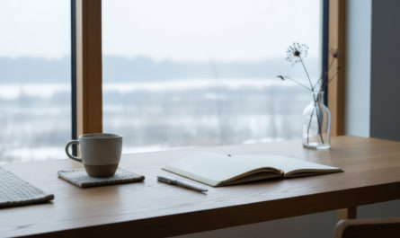Ein Minimalistischer Arbeitsplatz mit Kaffeetasse, Notizblock und Stift. Der Schreibtisch steht vor einem Fenster mit Blick auf eine verschwommene Winterlandschaft. © Adobe Stock, Bildnummer: 1858344079