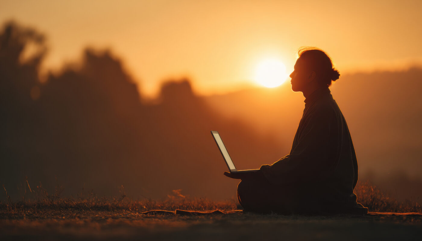 Bild zu: KI – kreative Intelligenz? Das Bild zeigt die schemenhafte Darstellung eines Menschen in der Natur, mit einem Notebook auf dem Schoß, vor einem Sonnenuntergang. (c) Copyright: Bild: Adobe Stock, Bildnummer: 2038303697
